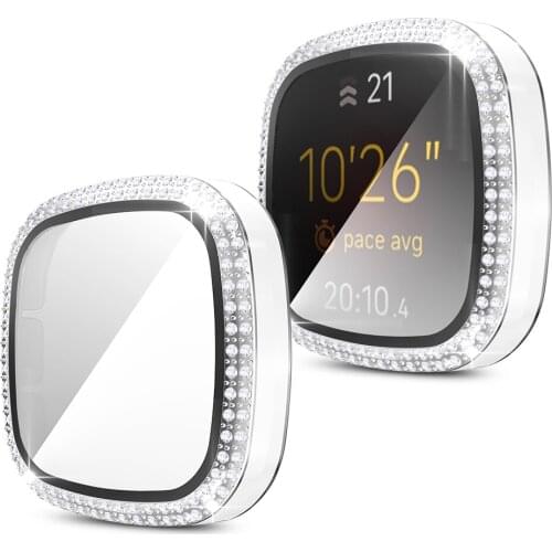 Two-color Rhinestone PC Case for Fitbit Sense Versa 3 Watch Cover Glass Film Screen Protector Shell Women Bling Hard Bumper