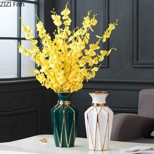 European Dark Green Ceramic Vase Electroplating Golden Living Room Porch Flower Arrangement Crafts Flower Vase Home Decoration