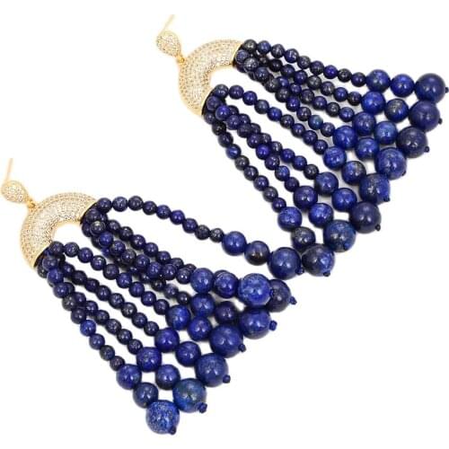GG Jewelry Natural Round Blue Lapis Lazuli Gems Stone CZ Paved Gold Plated Earrings