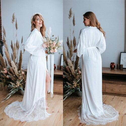 White Soft Silk Bridal Robe V Neck Long Sleeve Women Dressing Gown Wedding Bathrobes with Belt Boudoir Sleepwear Nightgowns