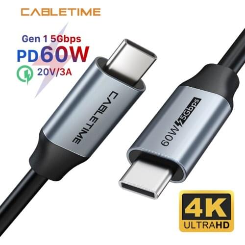 CABLETIME PD 60W USB 3.1 Fast Charge 3A Cable 5Gbps for Xiaomi 10 USB C to Type C Cable Macbook Air Samsung S20 N420