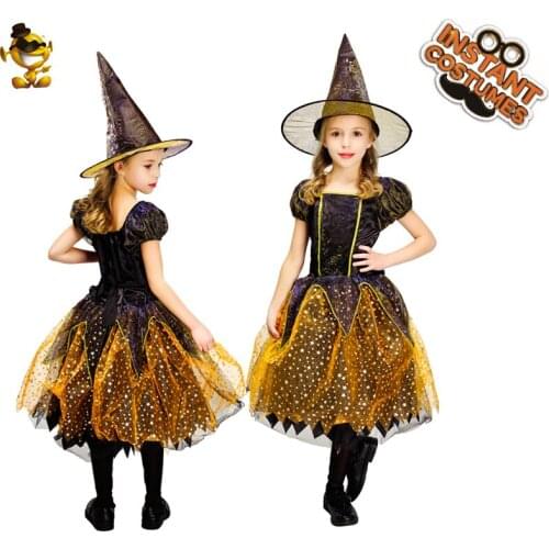Witch Costume For Girls Cosplay Purim Party Kids Girls Halloween Witch Scary Costume Wizard Dress