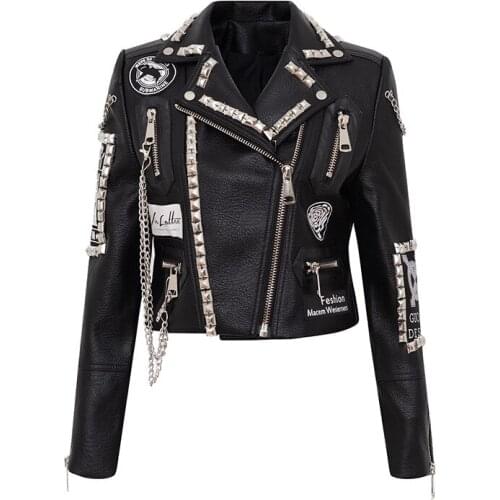 Autumn and Winter New Heavy Industry Rivet Jacket Graffiti Printed Leather Short Slim Leather Motorcycle Leather Jacket Women