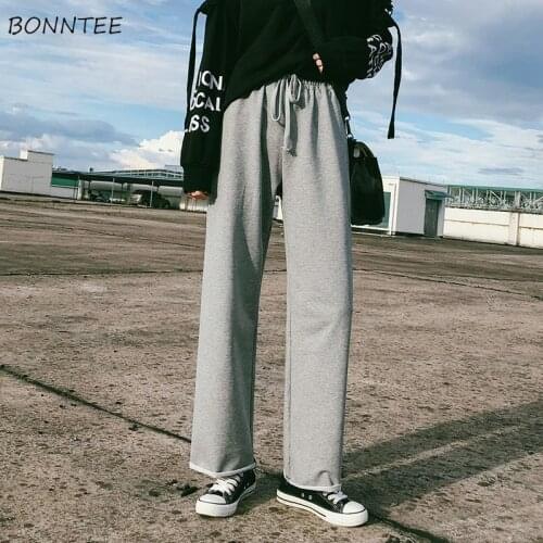 Casual Pants Women Drawstring All-match Solid Loose Ulzzang Students Streetwear Trendy Spring High Waist Ladies Straight Friends