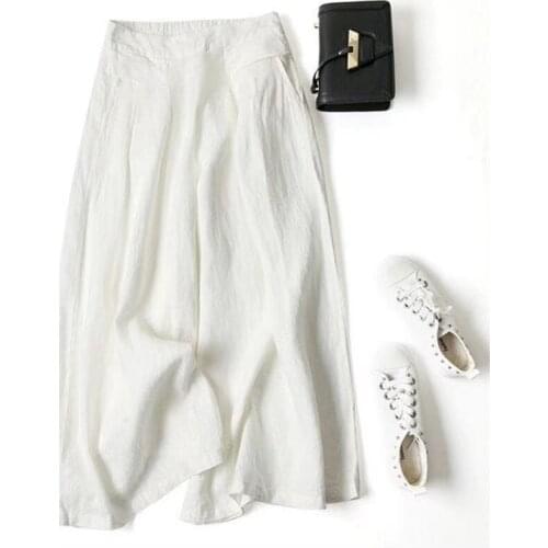 Stylish Women Wide Leg Pants High Elastic Waist Pantalon Female Linen Cotton Turnip Trousers Casual Plus Size White Solid Color