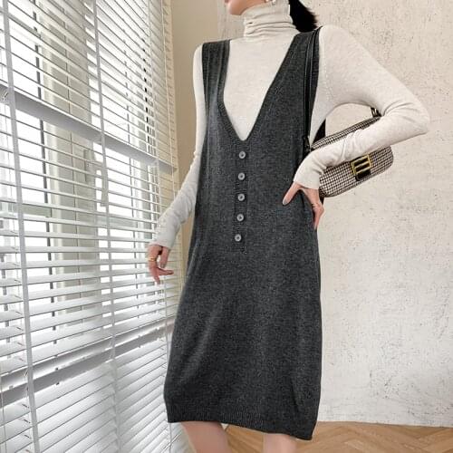 SZDYQH Women Dresses Vest Cashmere Sweater For Autumn New Female Sleeveless Loose Vest Ladies Mid-Calf Knitted Sweater Dress