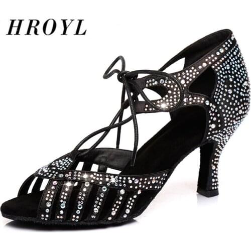 HROYL New Women Latin dance shoes Female Girl salsa sandal cuts-out Rhinestone Ladies Ballroom tango samba Sexy Party Heel6-10CM