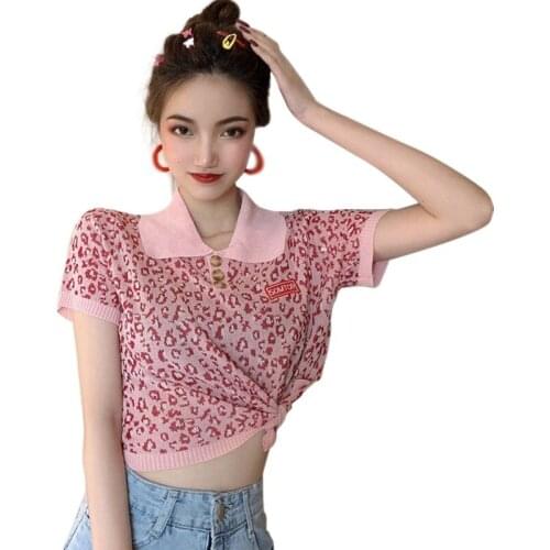 2021 Summer Women Leopard Print Female T-shirt New Knitting Top Girl t-shirts Short Sleeve Ladies Top Tees Lapel cotton Shirt