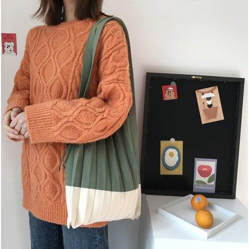 Antipilling Knitted Fabric Women Shoulder Bag Color Blocking Pleated Bags Woolen Cloth Handbag Foldable Strapped Tote For Ladies