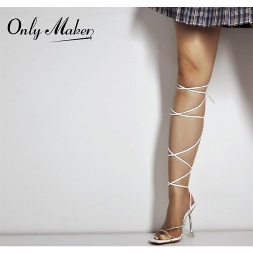 Onlymaker Summer Womens Square Toe Lace-Up Sandals Matte White Crystal Bordered Ankle Cross Strap Clear Metal High Heel Shoes