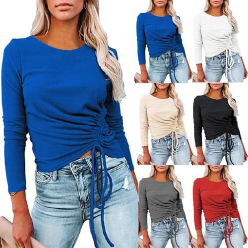 Women Close-fitting Drawstring Pullover, Solid Color Full Sleeve Round Collar T-shirt, S/ M/ L/ XL/ XXL