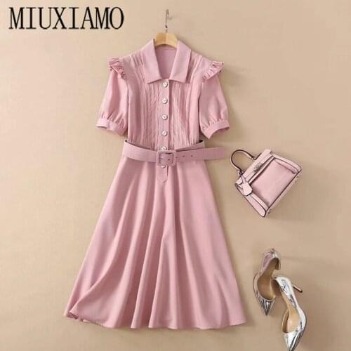 MIUXIMAO Luxurious 2020 Summer Dress Women Pink Ruffles Dress Solid Slim Office Lady Casual Dress Women Vestidos With Belt