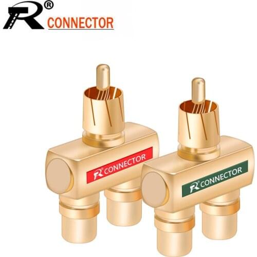 10Pcs/lot Copper RCA Audio Y Splitter Plug Adapter 1 Male to 2 Female Gold Plated Connector RCA 3 Way Connector