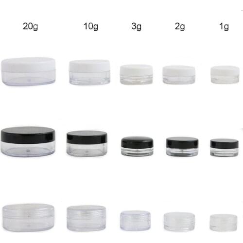 10PCS empty 1g 2g 3g 10g 20g Round Clear Transparent Plastic Container Cosmetic Cream Jar with clear black white cap sample Jar