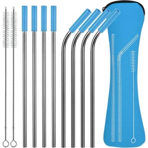 8pcs 304 Stainless Steel Reusable Metal Drinking Straws Cleaning Brushes Sturdy Bent Straight Drinks Straw Bar Party Accessory
