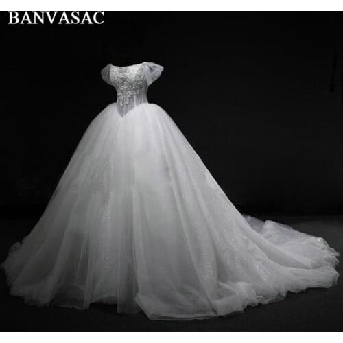 BANVASAC 2018 Boat Neck Ball Gown Wedding Dresses Real Photos Lace Embroidery Plus Size Sequined Court Train Bridal Dresses