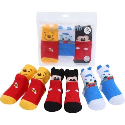 Disney 3 pairs of cartoon Mickey Bear Iron Man baby socks cotton non-slip thin section baby socks cute cartoon Kids floor socks