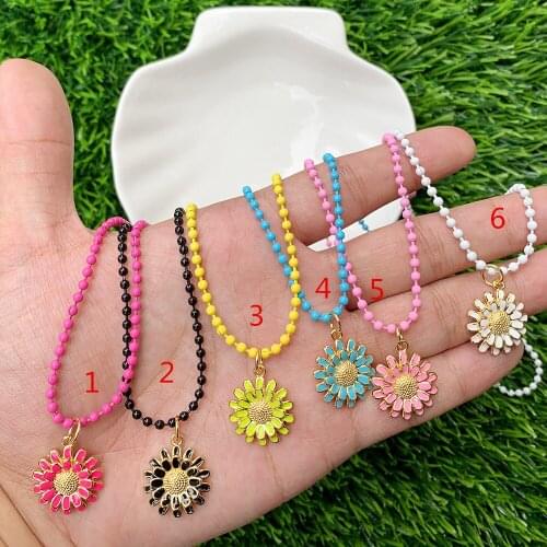 Enamel Beads Chain Necklace Brass Lucky Sunflower Shape Pendant Birthday Anniversary Gifts Bulk Jewelry Wholesale