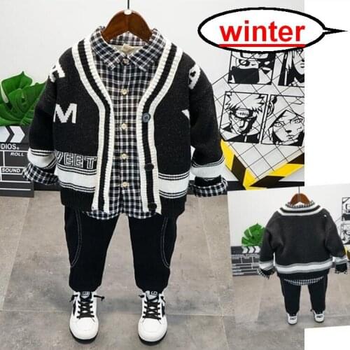 Hot Sale! Winter Style Children Clothing Sets Baby Boys Knit Cardigan,Plus Velvet Shirt and Thicke Jeans 3pcs Kids Clothes Suit