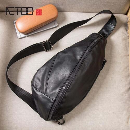 AETOO Leather chest bag mens messenger bag first layer cowhide chest backpack shoulder bag small bag Korean version of cowhide