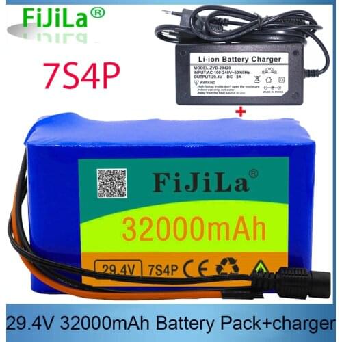 24V 7S4P 32000mAh high power 32AH 18650 Lithium Battery pack with BMS 29.4V Electric bicycle electric car+2A Charger