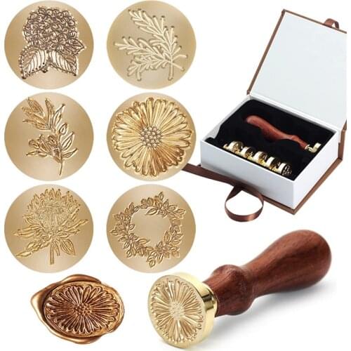 Wax Seal Stamp Set 6pcs Plant Pattern Series Sealing Wax Stamps Copper Seals + 1 Wooden Hilt Vintage Retro Wax Stamp Kit
