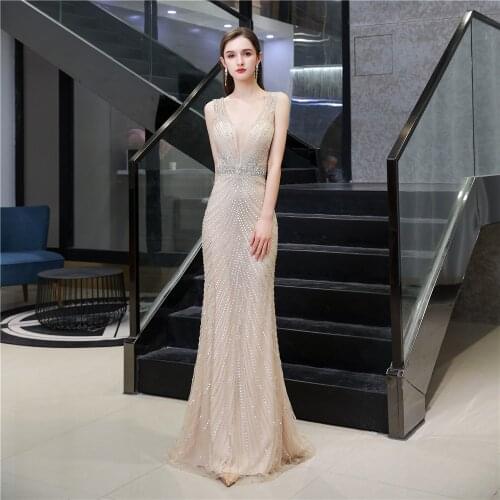 Newest Style Deep V Neck Prom Gown Sexy Back Design Lace Beads Mermaid Evening Dress