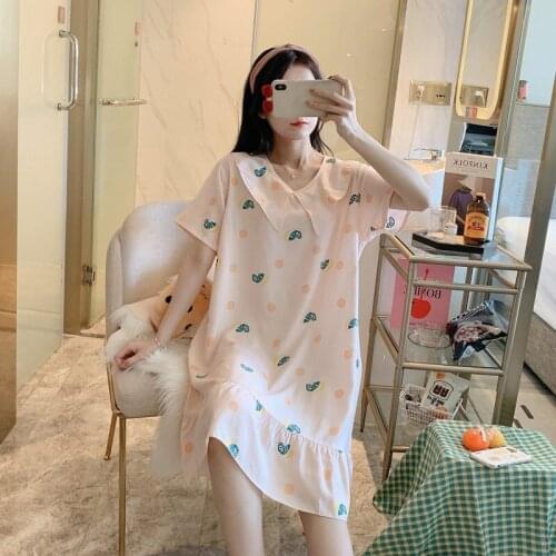 2021 New Womens Nightdress Summer Short Sleeve Nightgown Thin Large Size Loose Cartoon Printed Housewear Sleepwear Nightwear