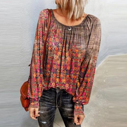 Autumn Floral Print Boho Blouse Top Women Vintage Long Sleeve O Neck Shirt Top Casual Loose Pullover Retro Chiffon Top Blusa New