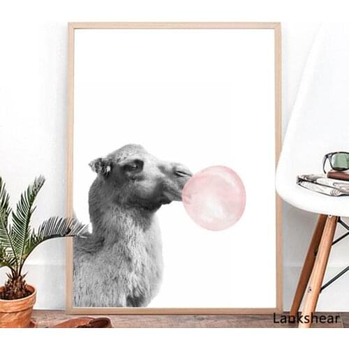 Camel Canvas Poster Nursery Wall Art Print Pink Bubblegum Black and White Cute Animal Camel Painting Boho Children Room Decor