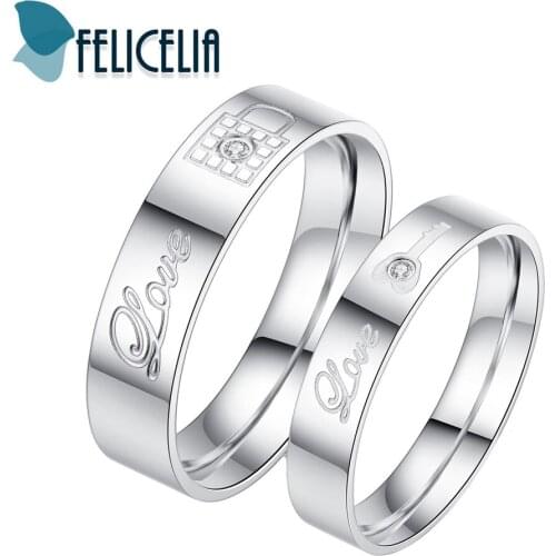 Felicelia Romantic Stainless Steel Rings Lock key Design Small CZ Couple Rings For Female Male Promise Jewelry Engagement Band