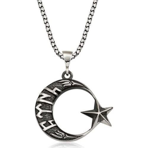 Silverlina Silver Göktürkçe Turkish Written Moon Star Male Necklace