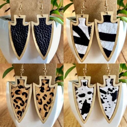 Genuine Leather Embellished Leopard Zebra Natural Wood Arrow Dangle Earrings for Women 2021 Original Jewelry BurlywoodWholesale