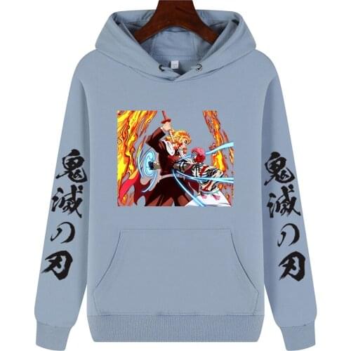 2021 Hot Sale High Quality Anime Hoodies Demon Slayer Rengoku Akaza Fight Printing Sweatshirt Harajuku 100% Cotton Hoodie