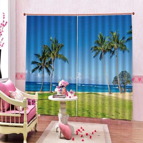 Green Beach Scenery Curtain Digital Print For Living Room Bedroom coconut tree Bedroom Drapes Decor Sets (Left and Right Side)