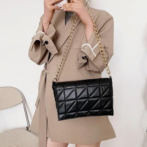 Casual Women Pure Color Lattice Pattern PU Leather Chain Shoulder Underarm Bag Vintage Ladies Flap Handbags