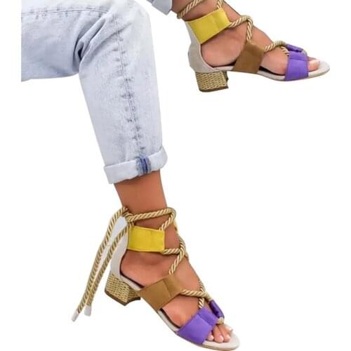 ADBOOV Chunky Heel Women Sandals Rope Peep Toe Pumps Women Plus Size 42 43 Summer Shoes Sapato Feminino