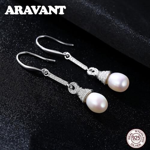 925 Sterling Silver Long Drop Earrings For Women Geometric AAA Cubic Zirconia Pearl Earrings Jewelry Gifts