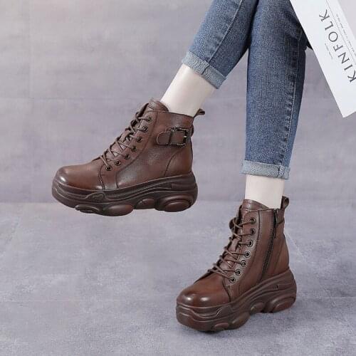 Leather Summer Casual boots womens 2021 autumn winter new Platform flat ankle boots tide wild short boots first layer cowhide