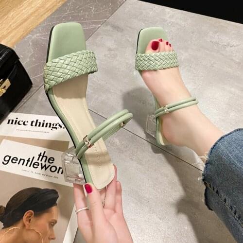 Womens Slippers High Heels Square Heel Slippers Womens Woven Style Sandals Shallow Mouth Fashion Womens High-heeled Sandals