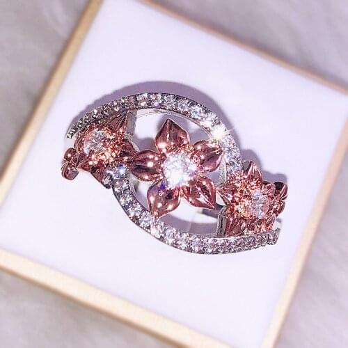 Rose Gold Flower Crystal Ring Fashion Elegant Female Jewelry Romantic Birthday Gift