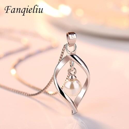 Fanqieliu Hollow Out Leaf Pearl Pendant Jewelry Girl Box Chain Real 925 Sterling Silver necklace For Women FQL21148