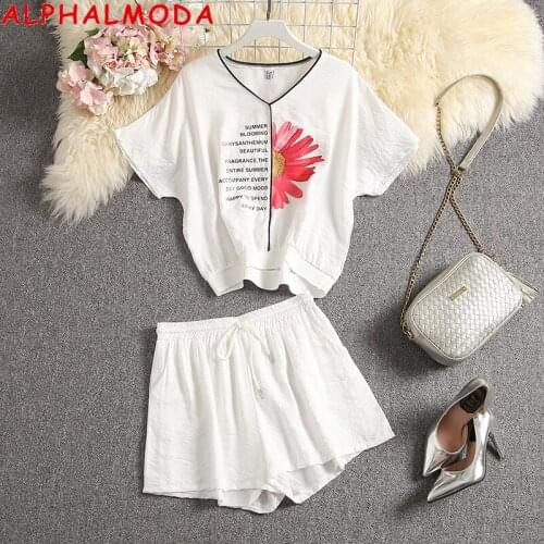 ALPHALMODA 2020 Summer Women Flora Print Tshirt + Shorts 2pcs Fashion Suit Black White Loose Pullover Top Shorts Loungewear Set
