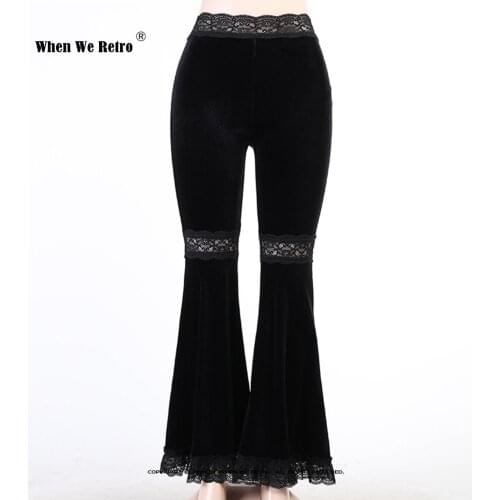 Mall Goth High Waist Flared Pants Aesthetic Sexy Lace Patchwork Trousers Women Vintage Elegant Velvet Christmas Pants VD2198