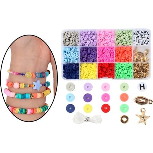 15 Grid Round Flat Polymer Clay Beads Elastic Cord Kit DIY Handmade Jewelry Making Craft