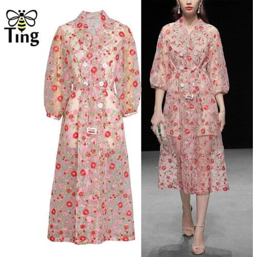 Tingfly Luxury Designer Runway Style Mesh Flower Embroidery Dress Elegant Vingate Turn down Collar Double Breast Trench Dress
