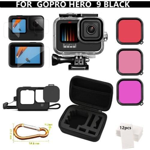 For Gopro hero 9 kit EVA case Tempered Glass waterproof Housing case red filter Frame silicone Protector Go pro Accessories Set