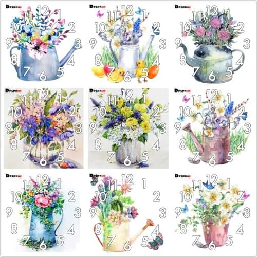 Dpsprue Full Diamond Painting Cross Stitch With Clock Mechanism Mosaic 5D Diy Square Round Flower Vase 3d Embroidery Gift HG12