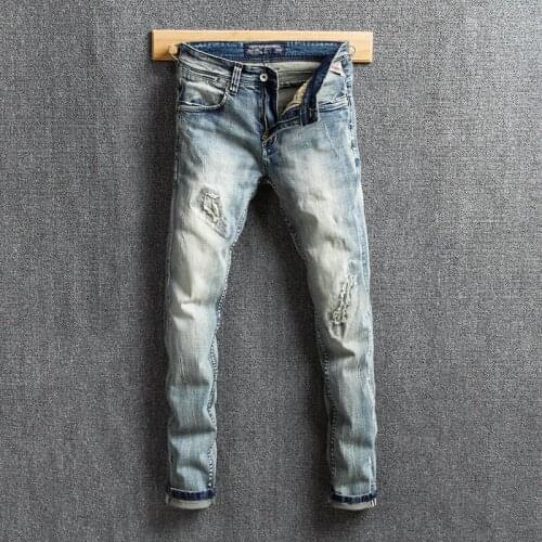 European Vintage Fashion Men Jeans Retro Light Gray Blue Elastic Slim Fit Ripped Jeans Men Patch Designer Casual Denim Pants