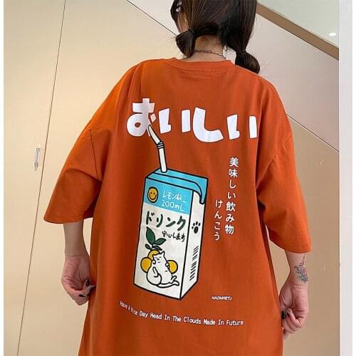 Cotton Hip Hop Tshirt Women Japanese Kanji Letter Drink Print T Shirt Oversized Streetwear Harajuku Summer New Teens Casual Tops